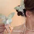 Green Pink Or Blue Sheer Butterfly Hair Clip With Long Bead Chains view 2