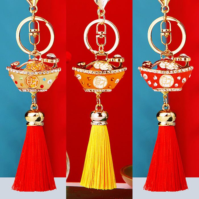 Jeweled Fortune Ingot Tassel Keychains in Five Bright Color Options