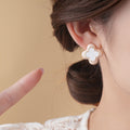 Pink and White Enamel Flower Stud Earrings in Gold Tone view 3