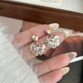 Silver Ginkgo Leaf and Champagne Heart Stud Earrings view 3