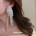 White Pearl Beaded Waterfall Long Statement Earrings view 2
