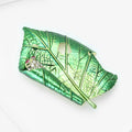 Green Enamel Leaf Brooch With Polished Metal And Sculpted Decorative Details view 3
