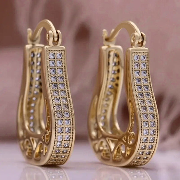 Gold-Tone Elongated U Hoop Earrings with Pavé Rows