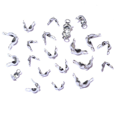 Stainless Steel Bead Chain Clamshell Tips in Three Sizes assortment on a plain background