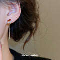 Red Flower Chain Threader Earrings With Polished Metal Tone Details view 3