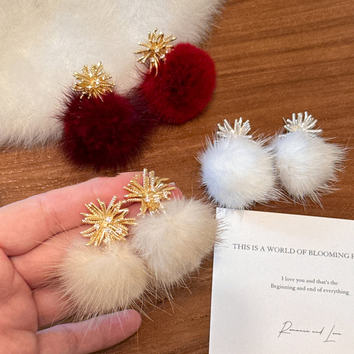 Fuzzy Pom Pom and Crystal Burst Stud Earrings in Three Colors