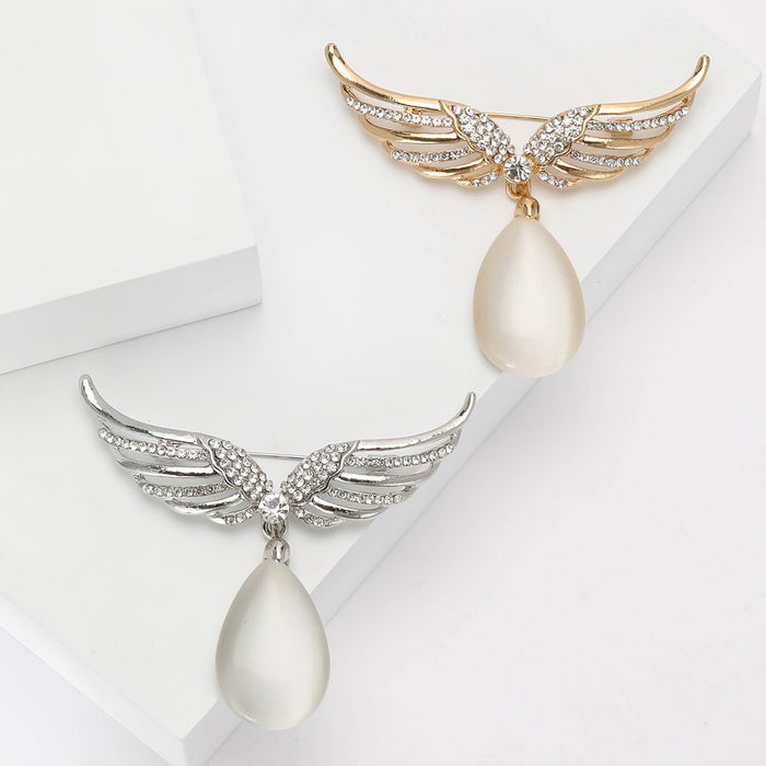 Angel Wings Brooch Rhinestone Cat Eye Teardrop Drop