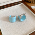 Blue and Pink Enamel Wide Hoop Earrings With Silver Tone Closures view 6