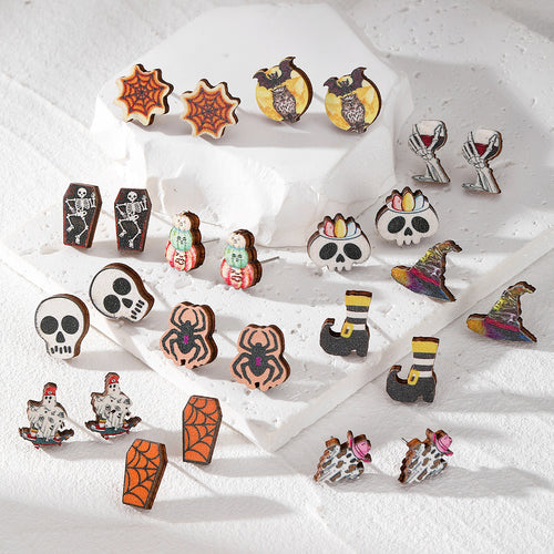 Main product view of halloween Wood Skull Ghost and Spider Stud Earrings in Nineteen Designs