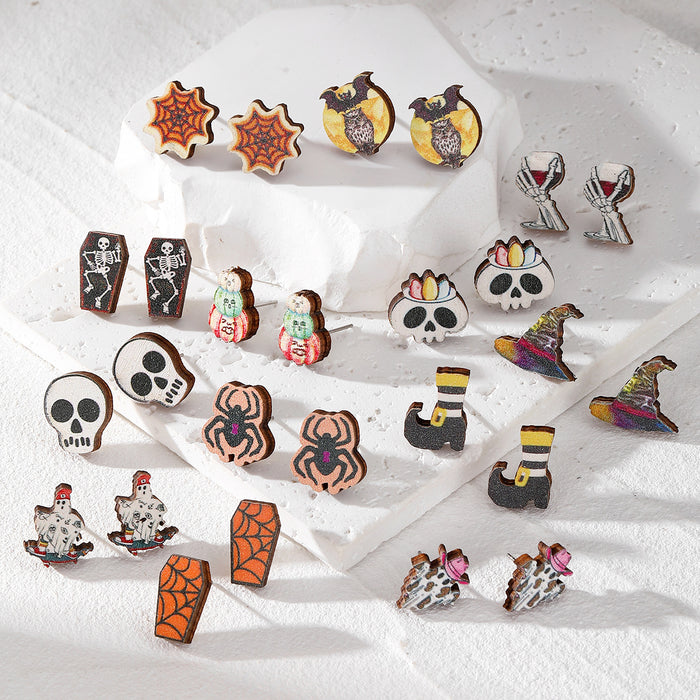 Halloween Wood Skull Ghost and Spider Stud Earrings in Nineteen Designs