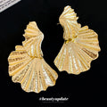Gold Textured Folded Fan Statement Stud Earrings With Ridges view 4