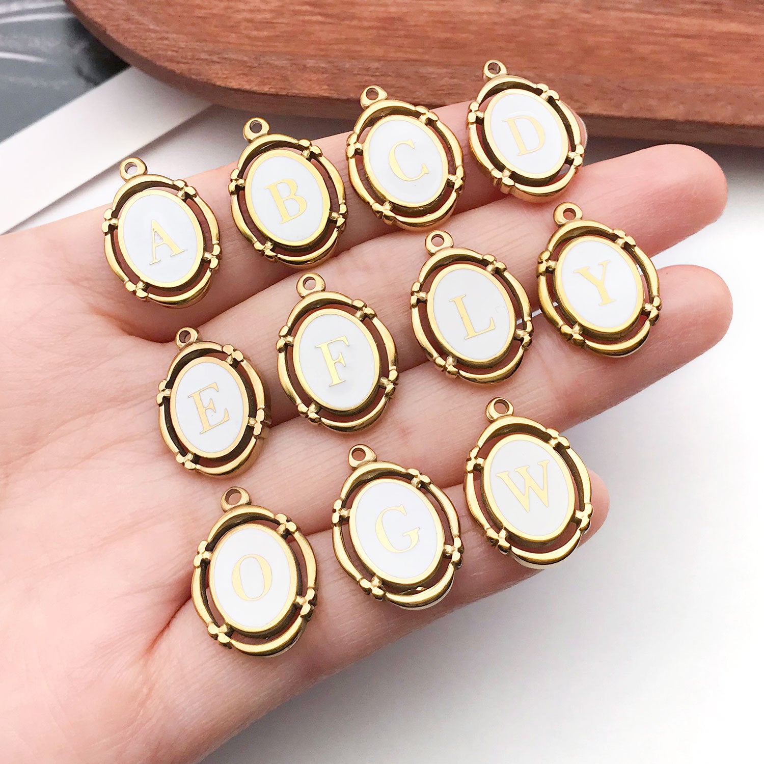 White Enamel Stainless Steel Oval Alphabet Letter Charm Pendant for DIY Necklace Keychain