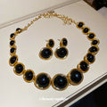 Gold Black Round Resin Bezel Drop Earrings Stud Set view 2