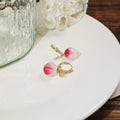 Pink Peach Fruit Gold Leaf Clear Small Huggie Earrings view 3