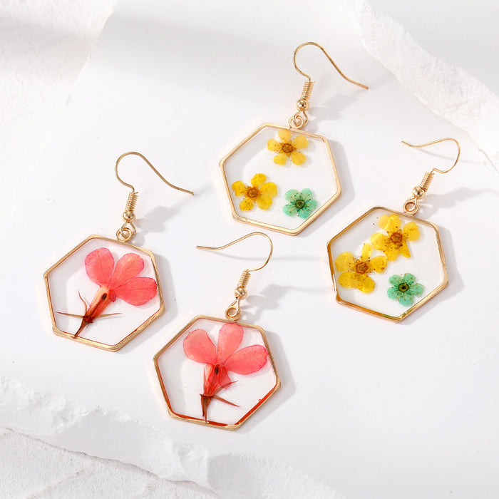 Gold Tone Hexagon Pressed Flower Resin Hook Earrings in Two Designs