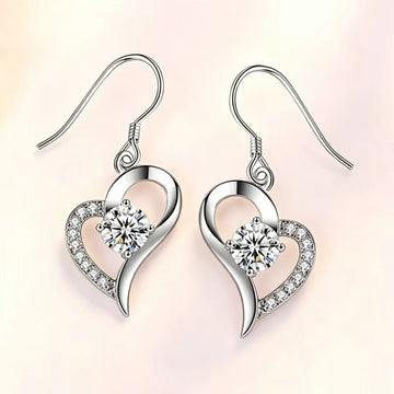 Silver Tone Open Heart Crown Clear Stone Drop Hook Earrings