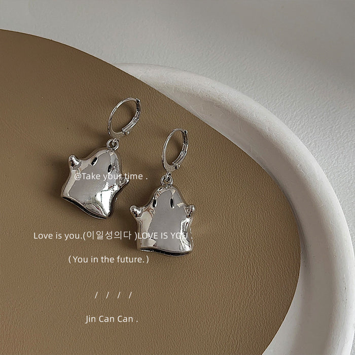 Silver Ghost Charm Huggie Hoop Drop Earrings Metal Pair