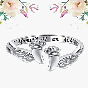 Engraved Angel Wings And Baby Feet Open Ring In Silver Tone