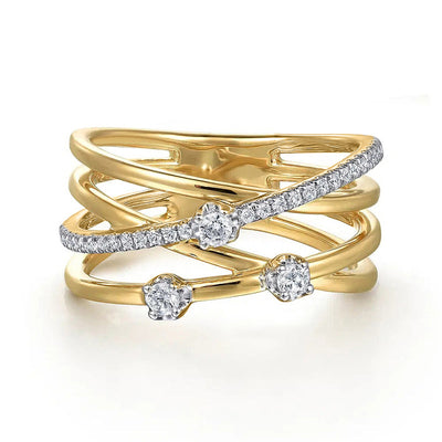 Additional product view showing crisscross multi-rail clear stone wide ring in gold tone
