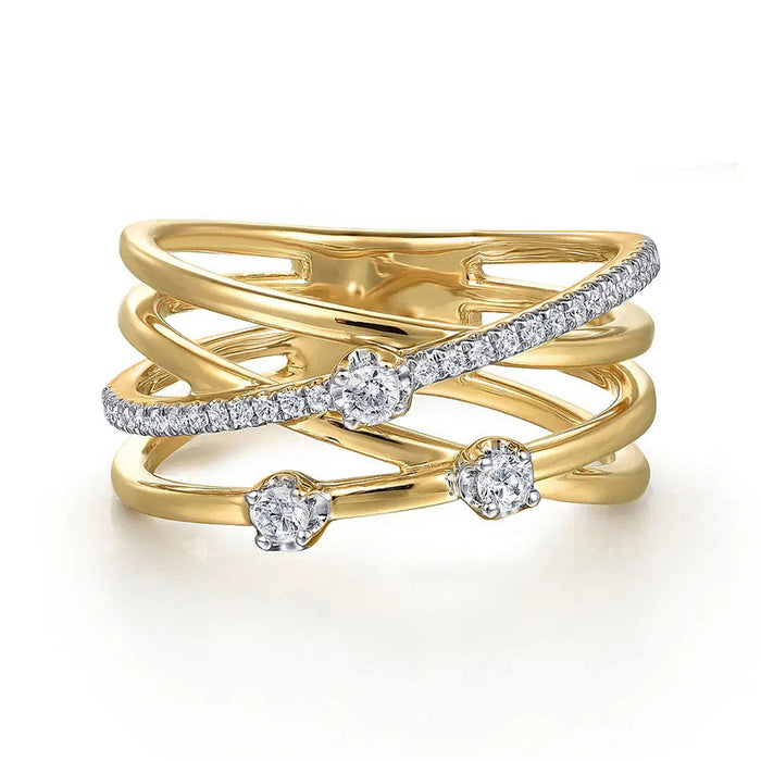 Crisscross Multi-Rail Clear Stone Wide Ring In Gold Tone