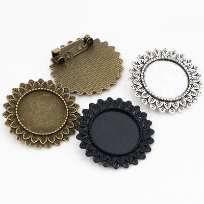 Scalloped Flower Round Cabochon Brooch Bases in Three Finishes shown in a grouped front view