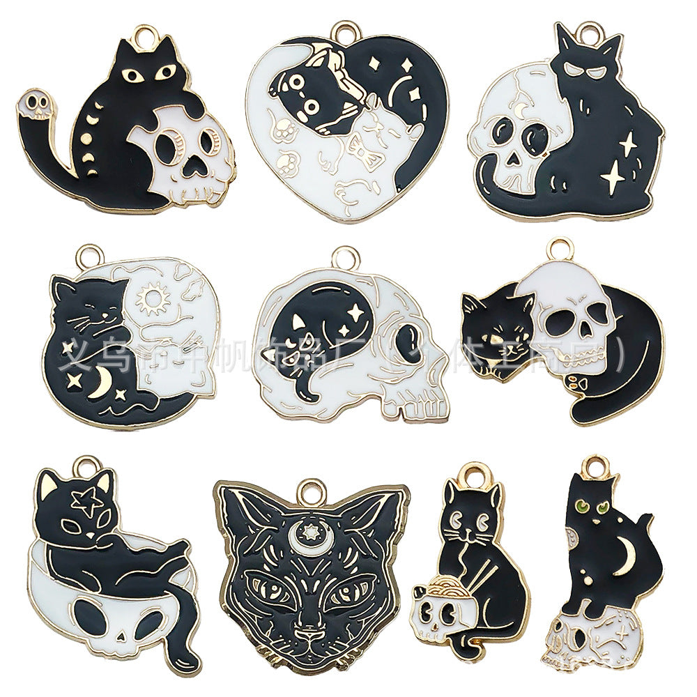 Enamel Zinc Alloy Black Cat Skull Halloween Charm Pendant for DIY Earrings Necklace