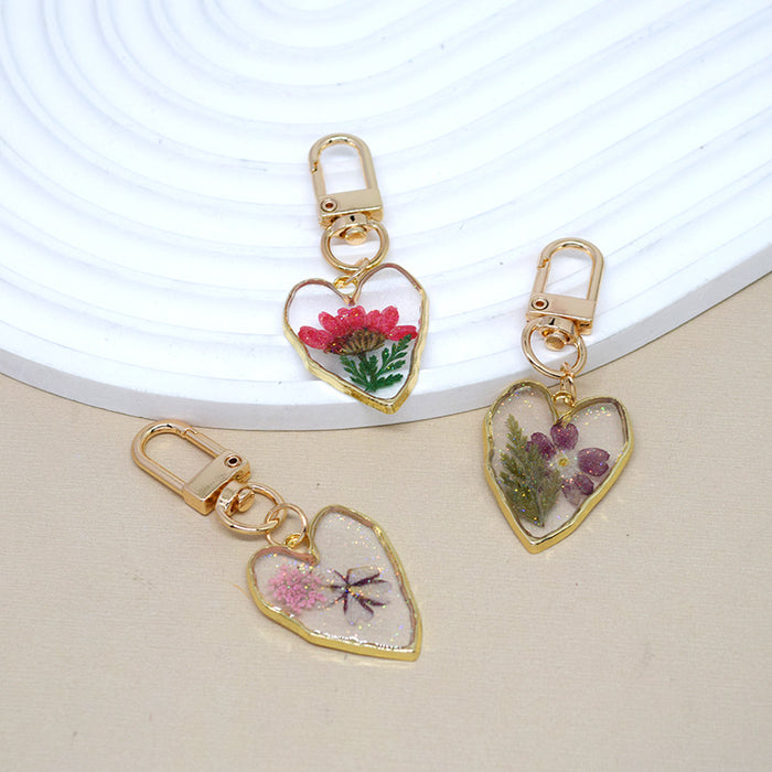 Gold Tone Pressed Flower Heart Resin Clip Keychains