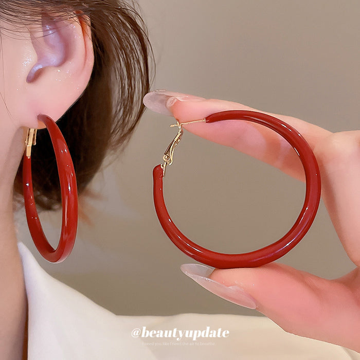 Red Enamel Slim Round Hoop Earrings in Two Shades Jewelry