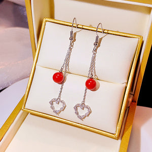 Long Silver-Tone Fishhook Earrings With Bead and Rhinestone Drops