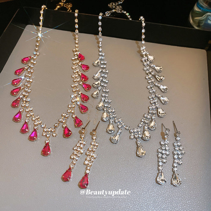 Three Red And Clear Drop Crystal Necklaces With Mixed Shapes And Settings