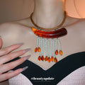 Brown Resin Bar and Beaded Fringe Collar Necklace with Decorative Details view 1