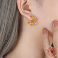 Gold C Hoop Earrings Dangling Round Ball Bead Charms view 3