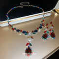 Red Teardrop And Multicolor Leaf Crystal Necklace And Earrings In Silver Tone view 2