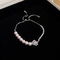 Silver Pink Pearl Crystal Rose Tennis Slider Bracelet view 1