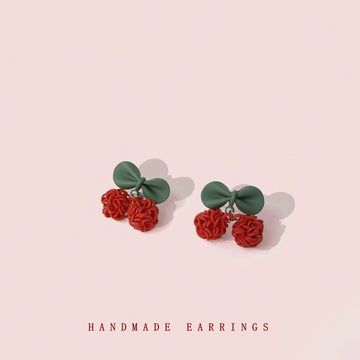 Red Textured Cherry Stud Earrings Sage Green Bow Tops