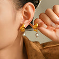 Spiral Wave Stainless Steel Pearl Drop Earrings Gold Steel view 3