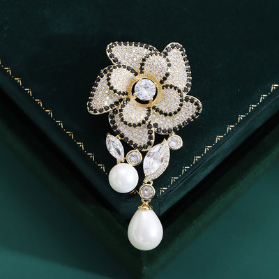 Layered Crystal Camellia brooch shown in front product view
