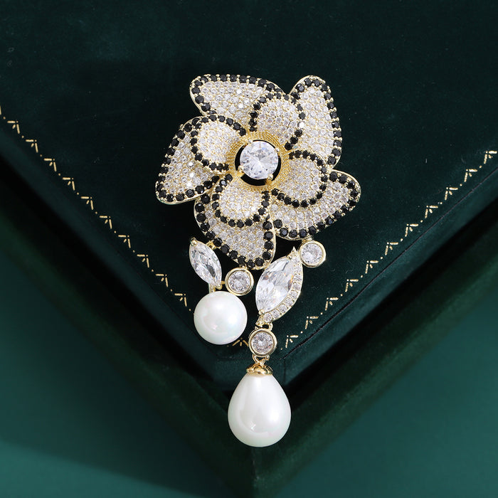 Layered Crystal Camellia Brooch with Faux Pearl Drops