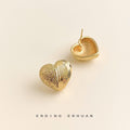 Gold Heart Stud Earrings Dual Texture Hammered Ribbed Metal view 4
