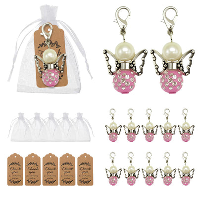A collage shows pink butterfly angel charms beside white organza bags and printed thank-you tags.
