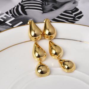 Triple Polished Teardrop Link Long Drop Stud Earrings