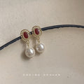 Wine Red Oval Stone Clear Crystal Ball Drop Stud Earrings view 2