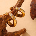 C-Shape Thick Hoop Stud Earrings Crystal Pave Gold Steel view 2