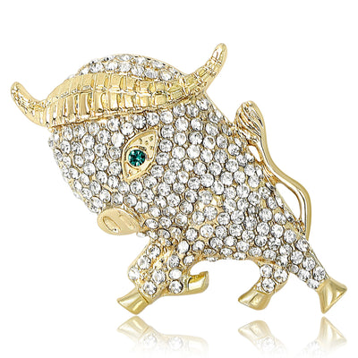 Crystal Bull Brooch in Gold and Silver Tones displayed from the front