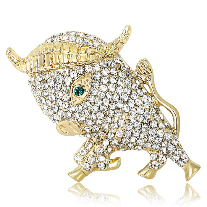Crystal Bull Brooch in Gold and Silver Tones for Jackets, Coats, and Scarves