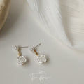 Pearl Stud Camellia Flower Drop Earrings Gold Bead Accent view 6