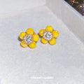 Yellow Round Bead Flower And Crystal Center Stud Earrings view 3
