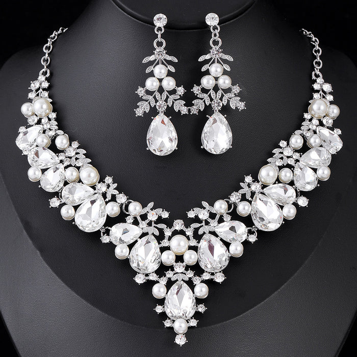 Black Silver Tone Pearl Crystal Cluster Crystal Pearl Look Four Designs Metal Necklace and