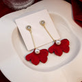 Red Layered Leaf Pearl Look Gold Tone Long Stud Earrings view 3