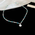 Pearl Turquoise Bead Necklace Oval Shell Pendant Silver view 6